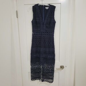 Two Sisters the label navy blue v neck sleeveless long dress w/ patterns